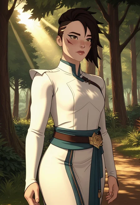 Score_9, Score_8, Score_7, TDPStyle, TDPStyle, Amaya, Five Fingered Hand, White Clothes, Face Scar, Amaya with face scar, posing in a serene forest glade, with sunlight filtering through the trees, creating a magical atmosphere