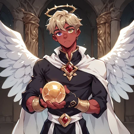 8k, score_9, score_8_up, score_7_up, portrait, masterpiece, 1boy, L1AM and N0AH fused together, muscular twink, broad shoulders, slim waist, lean, big biceps, big white angel wings, young, handsome, cute face, platinum blonde hair, heterochromia, yellow and purple eyes, red skin, halo,
ornate black robe, sleeveless, gold arm ring, high collar, white capelet, intricate white sash, gold trim, ruby amulet, fingerless gloves, bracers, thighhigh boots,
curious expression. holding white glowing crystal ball in both hands,
dark palace, indoors, dynamic pose