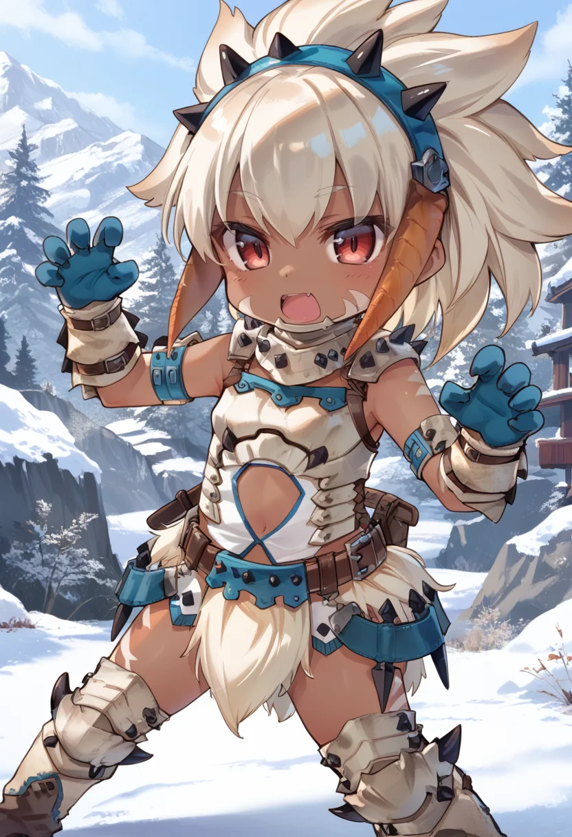 (score_9:0.9),score_8_up,score_7_up,rating_safe,anime style,(zPDXL),<lora:Barioth S Armor ponyXL v2.1:0.8>,1girl,solo,red eyes,open mouth,white elbow gloves,barioth armor,white helmet,chibi,white thigh boots,white loincloth,snow,claw pose,dark-skinned female,