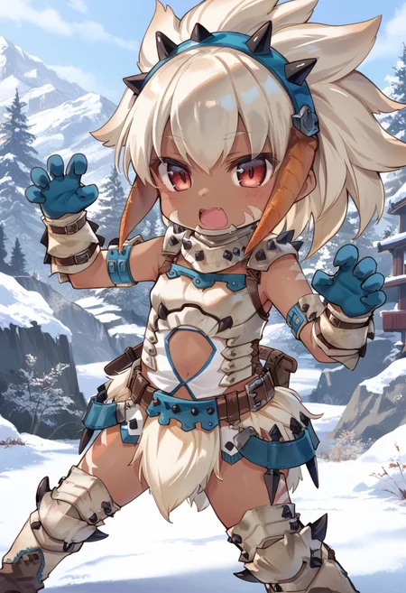 (score_9:0.9),score_8_up,score_7_up,rating_safe,anime style,(zPDXL),<lora:Barioth S Armor ponyXL v2.1:0.8>,1girl,solo,red eyes,open mouth,white elbow gloves,barioth armor,white helmet,chibi,white thigh boots,white loincloth,snow,claw pose,dark-skinned female,
