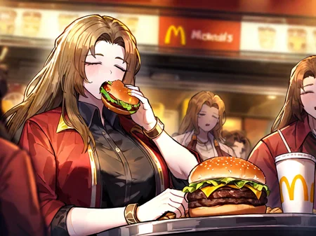 rodion \(project moon\),long hair,shirt,closed eyes,sitting,on the table,jacket,indoor,mcdonald's,burger set,food,red jacket,black shirt,solo focus,bite with your mouth,people,blonde hair,brown hair,jewelry,collared shirt,1girl,food in mouth,bracelet,multiple girls,<lora:LimbusCompany Style:1>,