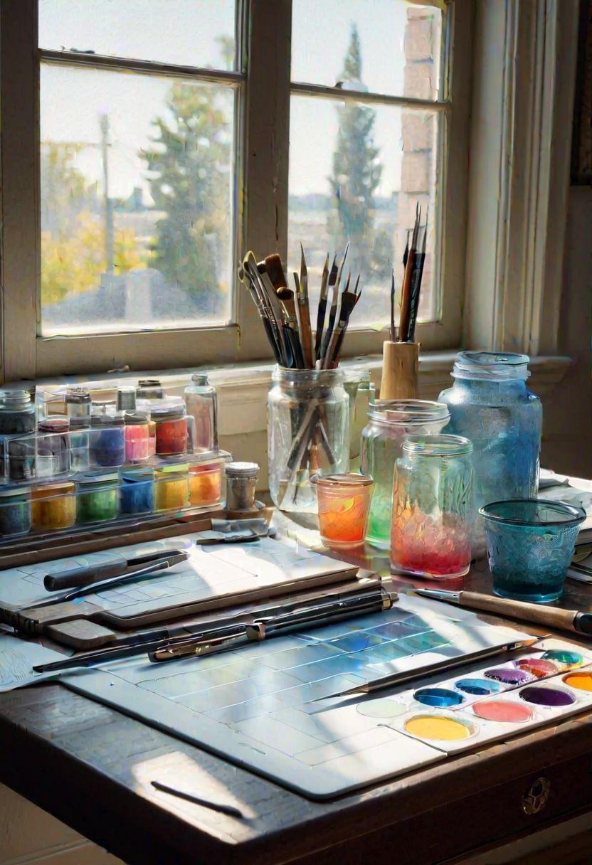 a still life with architects traditional drafting tools on a retro drafting board, in the style of a Janet Fish loose watercolor painting with exquisite transparent washes, sublime filtered light washing over the tools from a window behind, subtle multi-colored glass containers casting defracted shadows on the table surface --ar 7:5 --style raw --stylize 500
