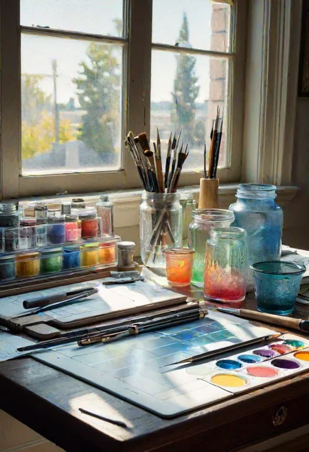 a still life with architects traditional drafting tools on a retro drafting board, in the style of a Janet Fish loose watercolor painting with exquisite transparent washes, sublime filtered light washing over the tools from a window behind, subtle multi-colored glass containers casting defracted shadows on the table surface --ar 7:5 --style raw --stylize 500