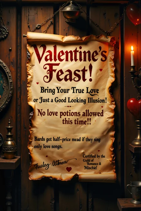 A Fantasy-Themed Valentineâs Poster Pinned to a Medieval Tavern Wall. In a rustic tavern filled with raucous laughter and the clinking of mugs, a parchment poster hangs crookedly on the notice board, its edges slightly burned from a nearby candle. In dramatic, bold lettering, it reads: "Valentineâs Feast! Bring Your True Love (or Just a Good-Looking Illusion)!" Below, scribbled in different inks, are additional messages: "No love potions allowed this time!" and "Bards get half-price mead if they sing only love songs." A tiny goblin signature in the corner boasts: "Certified by the Guild of Romance & Mischief." The entire scene feels like a celebration of loveâboth sincere and chaoticâin the way only a fantasy world could offer. , detailed background Fantastic lighting. Detailed shadows.intricate details, vivid colors, hyper-detailed, ultra-sharp, , <lora:FluxMythR3alisticF:0.4><lora:midjourney_whisper_flux_lora_v01:0.4><lora:aidmaMJ6.1-FLUX-V0.1:0.4><lora:Movie_Portrait:0.4><lora:Flux DetailerV2:0.4>