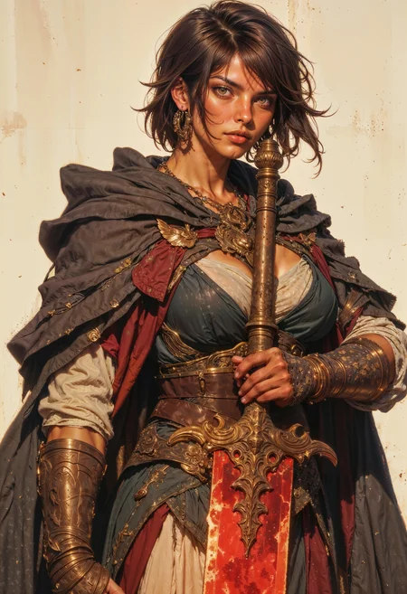 a strong, muscular woman with a determined expression. She has medium brown skin and striking yellow eyes, with short, dark hair that appears slightly wet or tousled. Her attire is a mix of medieval and fantasy styles, with a large, dark gray cloak that has red accents and a white undergarment visible beneath. She wears large, gold hoop earrings and a necklace with a small pendant. A tattoo is visible on her right shoulder. The woman is holding a large, ornate sword with a glowing red blade, suggesting a magical or fiery element. The background is a plain, light beige, which emphasizes the character's dynamic pose and intense gaze. <lora:FluxMythG0thicL1nes:0.6> <lora:FluxMythR3alisticF:0.5> <lora:RetroAnimeFluxV1:0.6> <lora:OB半写实肖像画V2.0:0.6>