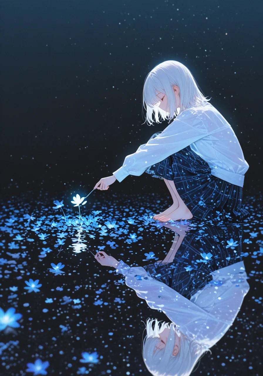 masterpiece, best quality, best quality,
1girl, solo, blonde, white hair, medium hair, extremely soft colors, watercolor, flowers, skirt, masterpiece, shiny, best quality, loving, pure, wild, natural, incredibly absurdres, solo, short hair, barefoot, paint_drip, long sleeves, shirt, glowing, white shirt, night, water, reflection, from side, black background, amazing quality, very aesthetic, absurdres, newest, (scenery, volumetric lighting)