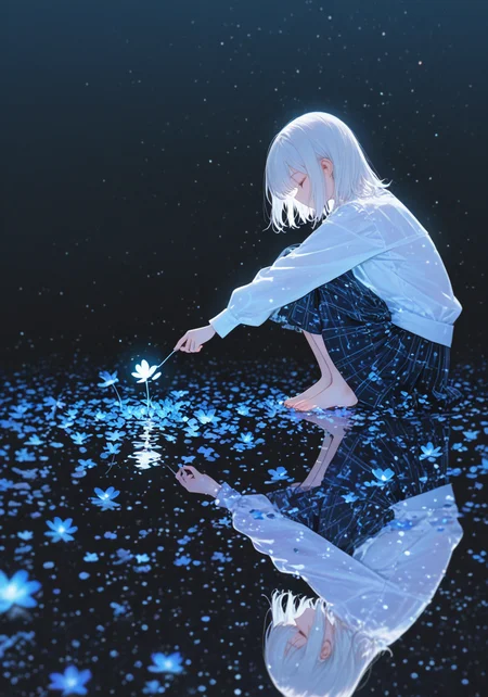 masterpiece, best quality, best quality,
1girl, solo, blonde, white hair, medium hair, extremely soft colors, watercolor, flowers, skirt, masterpiece, shiny, best quality, loving, pure, wild, natural, incredibly absurdres, solo, short hair, barefoot, paint_drip, long sleeves, shirt, glowing, white shirt, night, water, reflection, from side, black background, amazing quality, very aesthetic, absurdres, newest, (scenery, volumetric lighting)