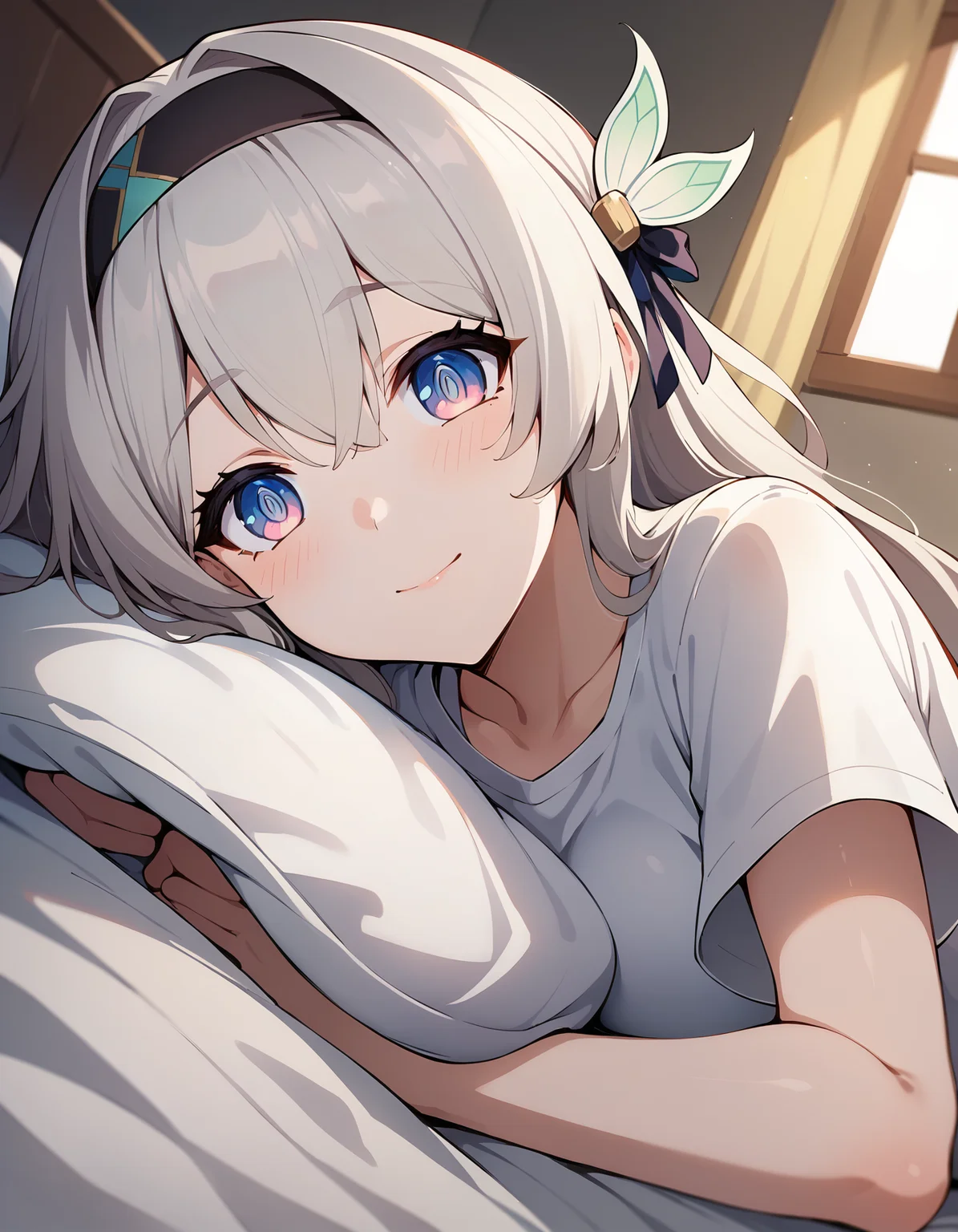 score_9, score_8_up, score_7_up, indoors, bedroom, bed,
BREAK
source_anime, (osiimi, aztodio:0.5), (niliu chahui:0.35), (asura \(asurauser\):0.2),
BREAK
(1girl, solo, solo focus), fireflycus, grey hair, long hair, hair ornament, hairband,
blush, shy, on side, lying, shirt, oversized clothes, oversized shirt, light smile, closed mouth,
from below,
looking at viewer,
<lora:Firefly-v2.5.3-PDXL:1>