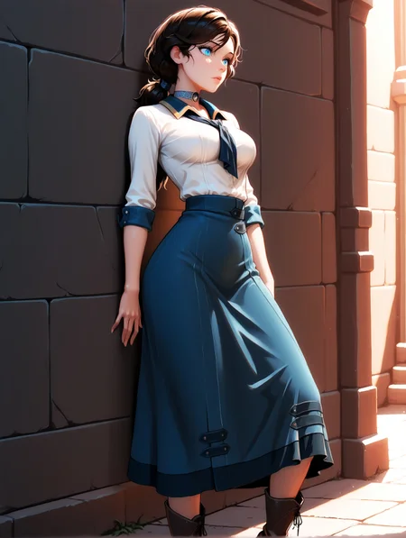 masterpiece, best quality, amazing quality, solo, imtdmoreyoungelizabeth, 1girl, brown hair, blue eyes, skirt, shirt, choker, black hair, medium breast, blue skirt, ponytail, white shirt, boots, long skirt, long sleeves, necktie, neckerchief, low ponytail, sleeves rolled up
