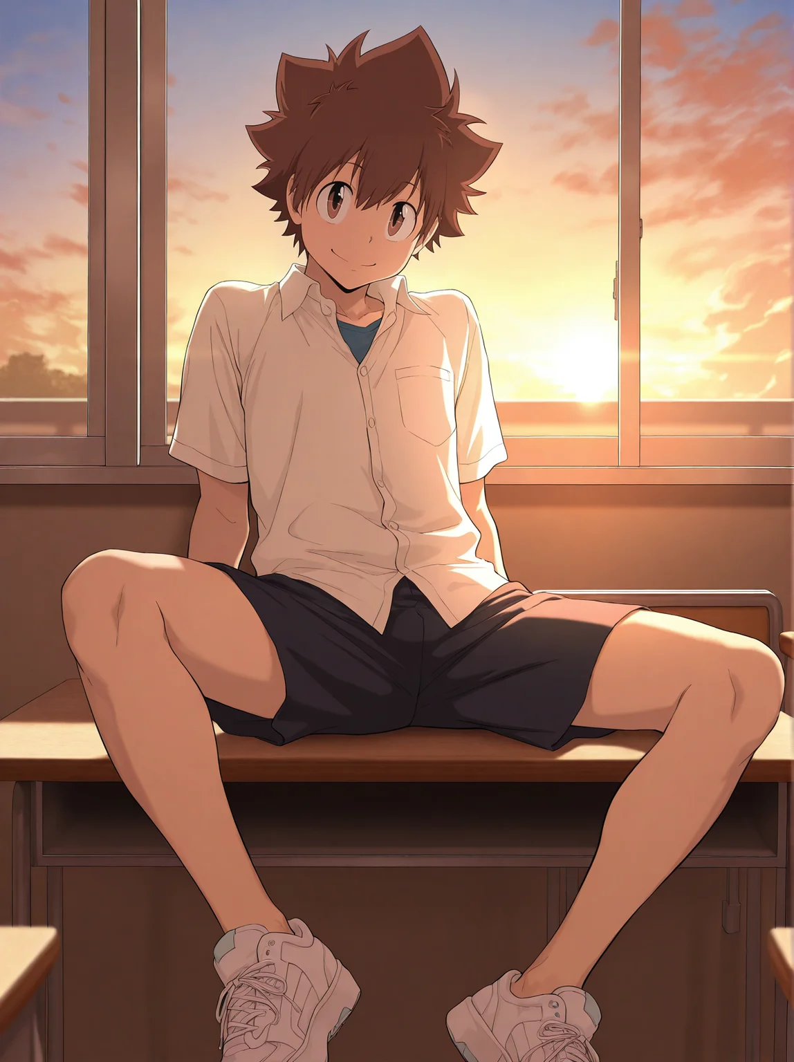 very awa,masterpiece,best quality,absurdres,newest,perfect quality,
1boy,solo,male focus,handsome,tsuna,brown hair,brown eyes,looking at viewer,smile,
school uniform,classroom,sitting on window,spread legs,sunset,white sneakers,bare ankle,<lora:tsuna01:1>,
