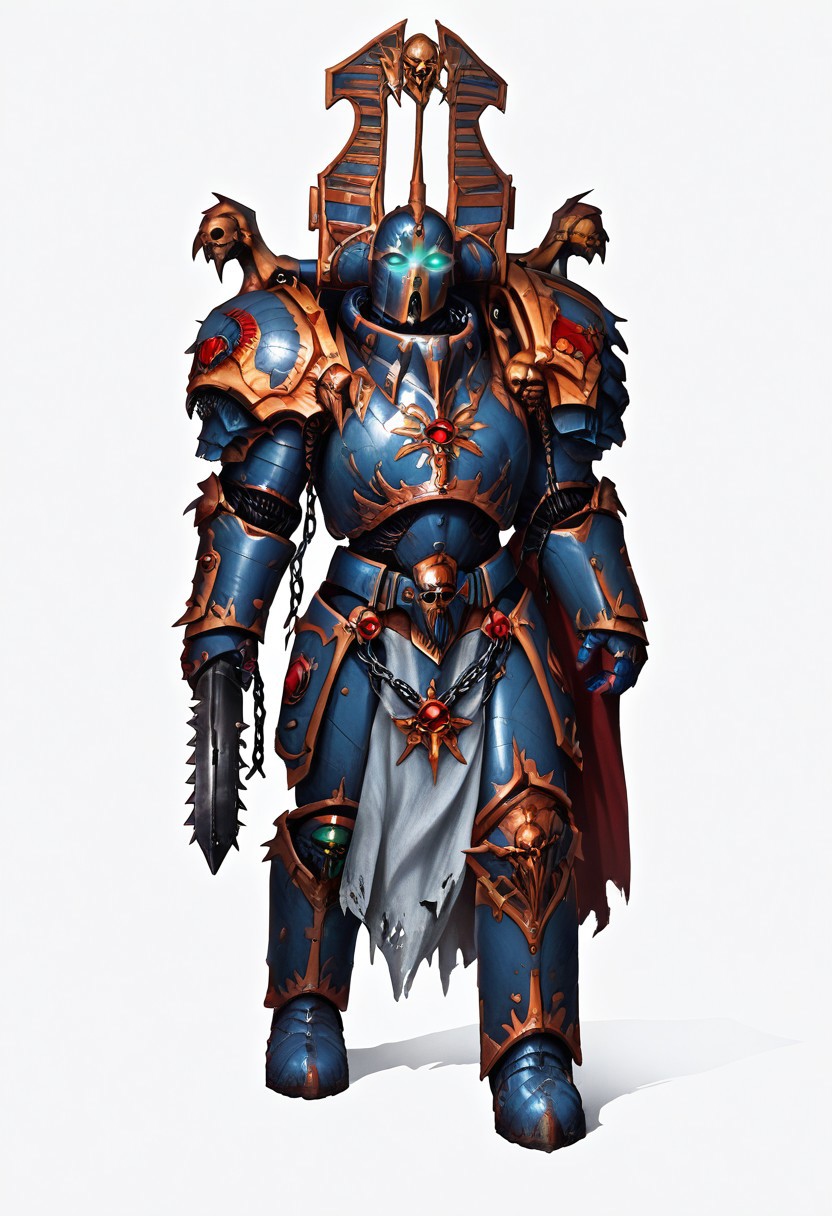 Score_9_up, absurdres, Source: GamesWorkshop, best quality, expressive eyes, perfect face, space marine, Thousand Sons Traitor Astartes Chapter sorceror holding a chainsword, astartes helmet, full body, volumetric lighting project unreal engine, mantisdetailerse, adddetails, GreyK40k, <lora:PeopleCountSliderLoRAv1:2.0>, <lora:warhammerAdeptus_v1:0.7>,