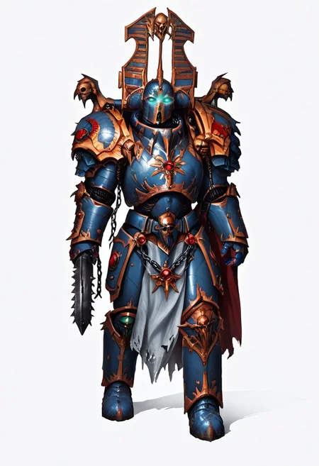 Score_9_up, absurdres, Source: GamesWorkshop, best quality, expressive eyes, perfect face, space marine, Thousand Sons Traitor Astartes Chapter sorceror holding a chainsword, astartes helmet, full body, volumetric lighting project unreal engine, mantisdetailerse, adddetails, GreyK40k, <lora:PeopleCountSliderLoRAv1:2.0>, <lora:warhammerAdeptus_v1:0.7>,