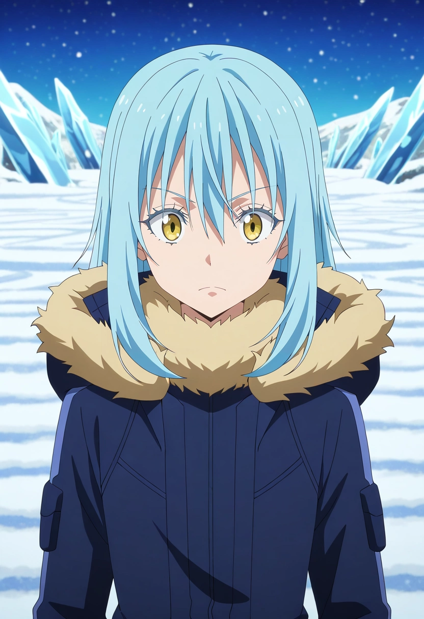 masterpiece, best quality, , anime screencap, anime coloring, , , , 1boy, solo, male focus, <lora:rimuru_tempest_ilxl:0.94>, rimuru_tempest, blue hair, yellow eyes, long hair, bangs, hair between eyes, androgynous, 1other, fur trim, ice labyrinth, frost patterns, crystal walls, snow drifts, exploring pose, determined expression, filtered light,