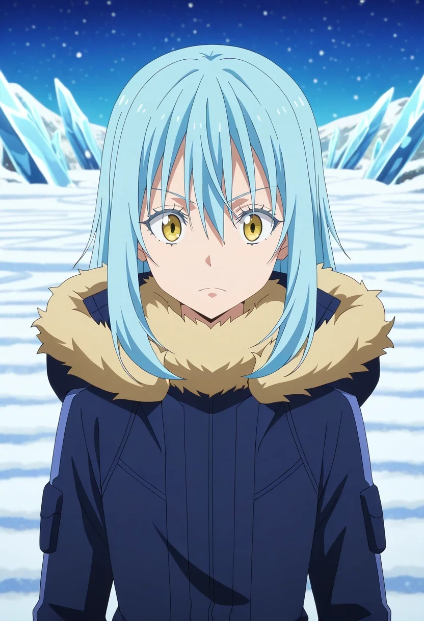 masterpiece, best quality, , anime screencap, anime coloring, , , , 1boy, solo, male focus, <lora:rimuru_tempest_ilxl:0.94>, rimuru_tempest, blue hair, yellow eyes, long hair, bangs, hair between eyes, androgynous, 1other, fur trim, ice labyrinth, frost patterns, crystal walls, snow drifts, exploring pose, determined expression, filtered light,