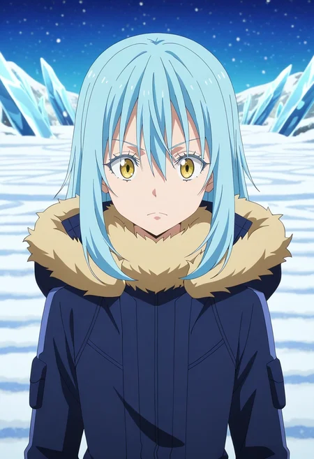 masterpiece, best quality, , anime screencap, anime coloring, , , , 1boy, solo, male focus, <lora:rimuru_tempest_ilxl:0.94>, rimuru_tempest, blue hair, yellow eyes, long hair, bangs, hair between eyes, androgynous, 1other, fur trim, ice labyrinth, frost patterns, crystal walls, snow drifts, exploring pose, determined expression, filtered light,