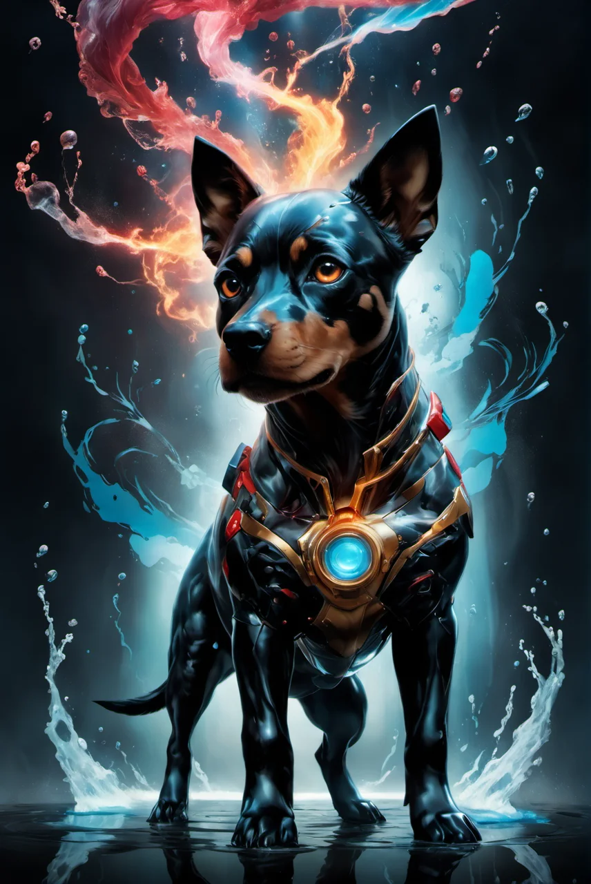 portrait of a cute dog,awardwinning, 8k,  atmospheric,dramatic,godlike,superpowers,power surge,epic,in the style of aleksi briclot,sandra chevrier and mythsxl,<lora:mythsxl:1>