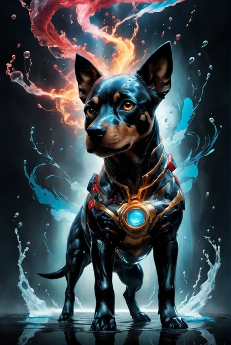 portrait of a cute dog,awardwinning, 8k, atmospheric,dramatic,godlike,superpowers,power surge,epic,in the style of aleksi briclot,sandra chevrier and mythsxl,<lora:mythsxl:1>