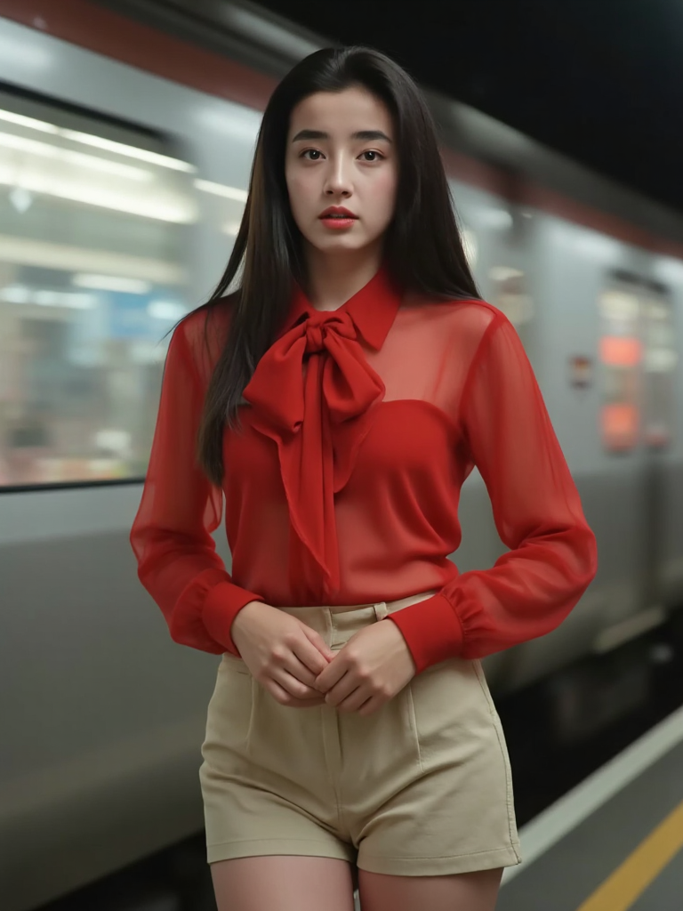 There are wonderful studio lights and various reflections,her thin face is very delicate,
18yo beautiful cute girl with blushing and female orgasm.skin naturally showing the texture of blood vessels and detailed pale skin,the sidelight outlines her sexy body curves,(looking at viewer:1.2),
--,
<lora:Rie_Miyazawa_f1p:1>,she is Rie Miyazawa,
--, A fashion editorial set in a subway station featuring an elegant Asian model. The model has sleek, straight black hair and is dressed in a high-fashion outfit, consisting of a sheer, flowing red blouse tied with an oversized bow, paired with tailored, high-waisted beige shorts. She stands confidently in the foreground as a train rushes by in a blur of motion, creating a dynamic backdrop. The setting is urban, with moody, cinematic lighting that enhances the modern, sophisticated vibe. The modelâs pose is bold and captivating, perfectly blending grace and strength as she gazes intensely towards the camera. The overall composition merges high fashion with an urban, fast-paced environment, creating a striking, visually engaging scene.,