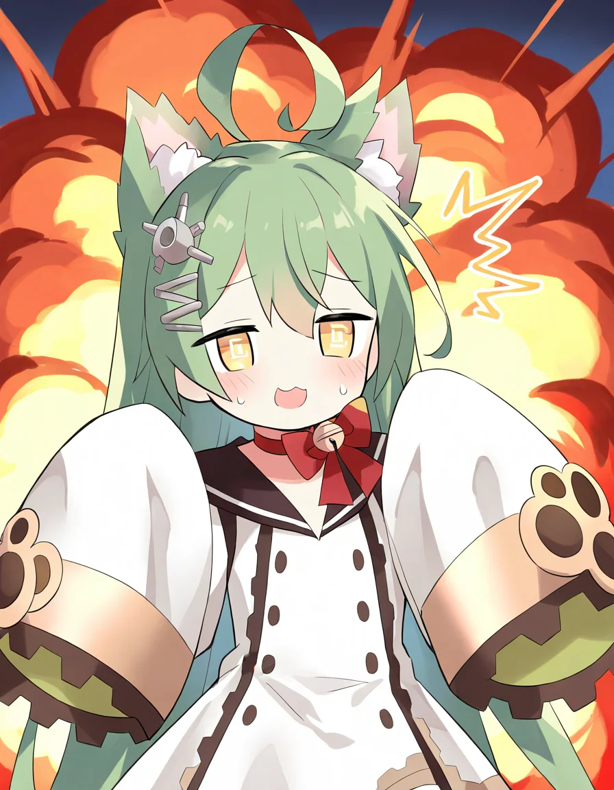 <lora:ririka:1>,akashi \(azur lane\),1girl,animal ears,solo,ahoge,bell,green hair,sleeves past wrists,yellow eyes,cat ears,ribbon choker,long hair,open mouth,hair ornament,:3,neck bell,sweatdrop,parody,long sleeves,red choker,sleeves past fingers,sailor dress,smile,sweat,worried,hands up,@_@,^^^,outdoors,explosion,, masterpiece, best quality, very aesthetic, absurdres,newest, incredibly absurdres,