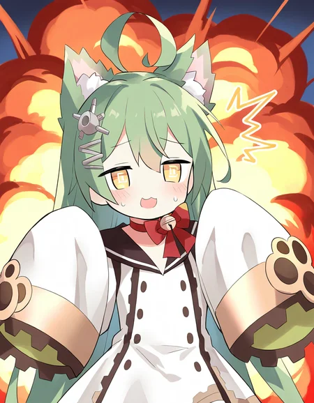 <lora:ririka:1>,akashi \(azur lane\),1girl,animal ears,solo,ahoge,bell,green hair,sleeves past wrists,yellow eyes,cat ears,ribbon choker,long hair,open mouth,hair ornament,:3,neck bell,sweatdrop,parody,long sleeves,red choker,sleeves past fingers,sailor dress,smile,sweat,worried,hands up,@_@,^^^,outdoors,explosion,, masterpiece, best quality, very aesthetic, absurdres,newest, incredibly absurdres,