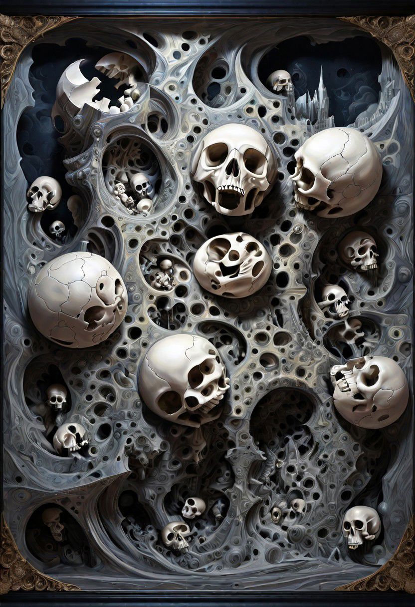 skulls, in the outta realms of your mind, abstract details, distinctive visuals, Intricate, (3D Framed, Skull)