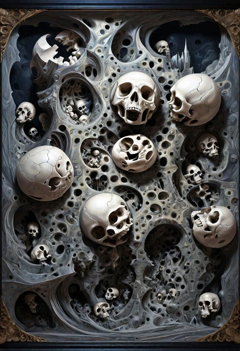 skulls, in the outta realms of your mind, abstract details, distinctive visuals, Intricate, (3D Framed, Skull)