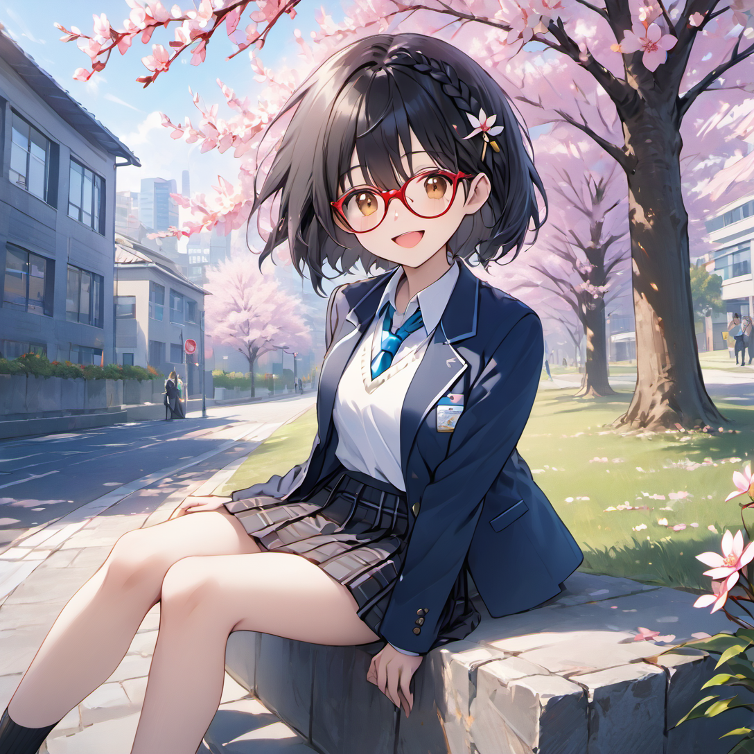 skirt,outdoors,school uniform,black hair,glasses,jacket,red-framed eyewear,looking at viewer,pointy ears,halo,armband,necktie,blue necktie,short hair,cherry blossoms,smile,solo focus,shirt,sweater vest,pleated skirt,long sleeves,white shirt,hair ornament,braid,plaid,blue jacket,plaid skirt,petals,open mouth,1girl,blazer,brown eyes,flower,bangs,collared shirt,:d,black skirt,tree,day,building,å¥¥ç©ºç»«é³ï¼ç¢§èæ¡£æ¡),çº¢è²åç¯,full_shot,panorama,sitting,sitting_on_xx,sitting_on_rock,plant,dragonfly,black_loafers,kneehighs,UHD,ccurate,super detail,award winning,high quality,best quality,high details,textured skin,anatomically correct,HD,16k,<lora:ç»«é³:1>,<lora:cnv3mdde878c738thn20:1>,
