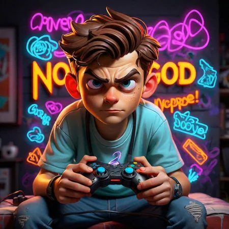 pc gamer boy , using controller , graffiti neon images of a neon lit sign with the text 'NoScopeGOD'