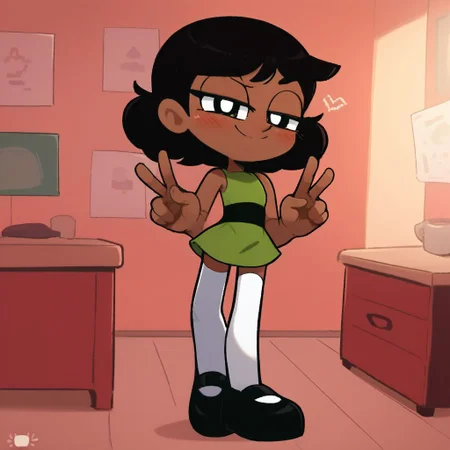 score_9, score_8_up, score_7_up, score_6_up, score_5_up, score_4_up, BREAK, source_anime, connie_maheswaran, indoors, bunt bangs black hair, small breasts, black footwear, white thighhighs, smile, smug, blush, green top, sleeveless, green miniskirt, peace sign, pantsless, powerpuff, dark-skinned female, 1girl,