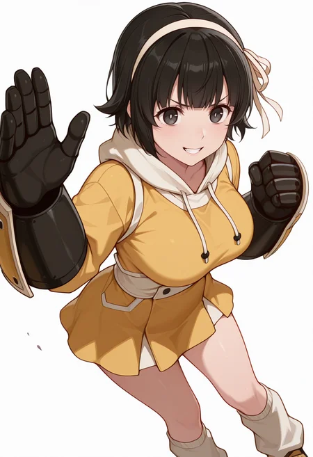 masterpiece,high quality details, ultra realistic, high detailed skin,absurdres,
waving,
<lora:Arisa_Kusagakure:0.8> arisa_cnr, 1girl,black hair, short hair, bangs, black eyes, large breasts, hairband,
(gauntlets:1.2),, simple background, white background, sideways,solo,, clenched teeth,serious,, uwu,, hagoromo,sweatshirt,flared skirt, ,leg warmers,