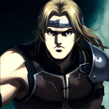 score_9, score_8_up, score_7_up, detailed background, cromartie, 1 boy, shade face, cromartie, simon belmont, simonbel, leather armor, jeweled headband, stylized brown breastplate, shoulder length blonde hair, solo