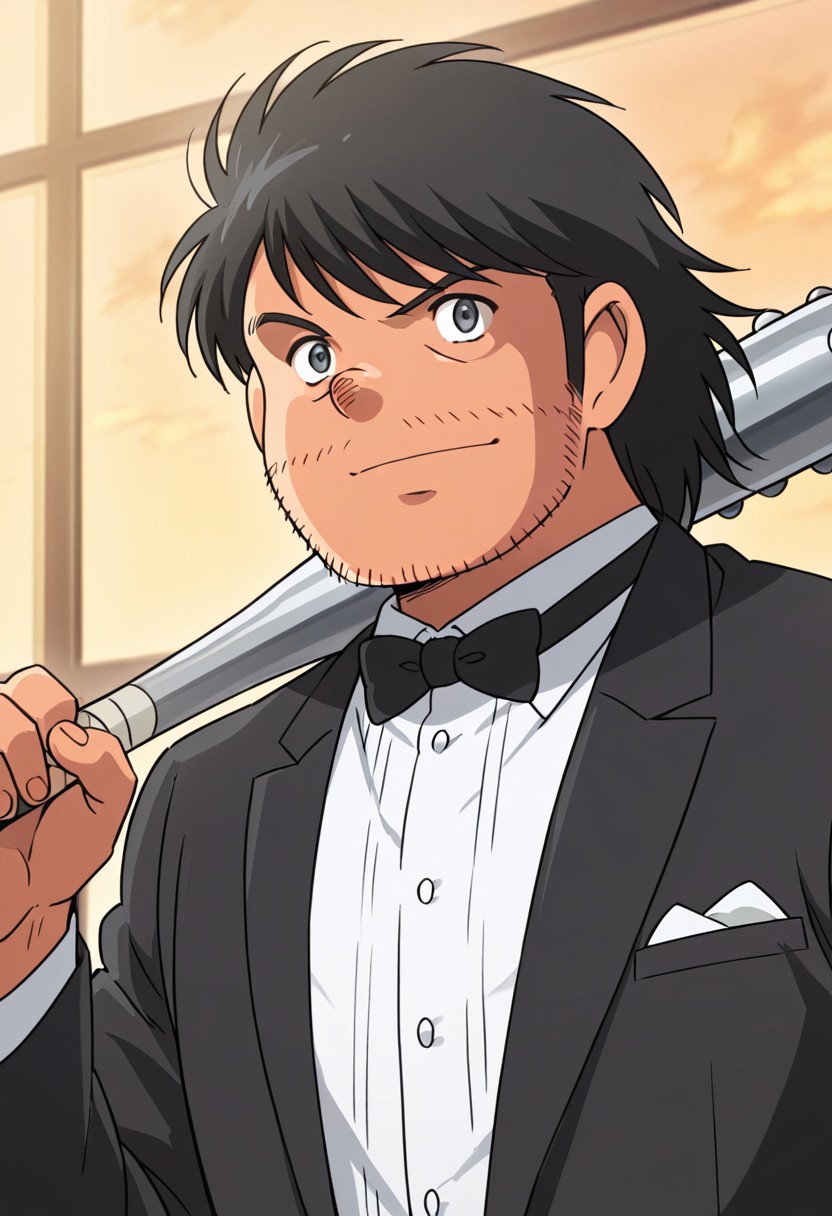 score_9, score_8_up, score_7_up, score_6_up, source_anime, BREAK, 1man, solo, (( <lora:kira_kozo:1> , kira_kozo, piercing dark grey eyes, clear eyes, friendly eyes, wrinkle under eyes, short chubby body, slightly chubby face, fat but strong male, disgusting hairy male, round alcoholic nose, very lightly tanned skin, messy short black hair, messy short bangs, short stubble beard, creepy male, uncharismatic male, )) , tuxedo, holding weapon, (metal baseball bat:1.2), weapon over shoulder,