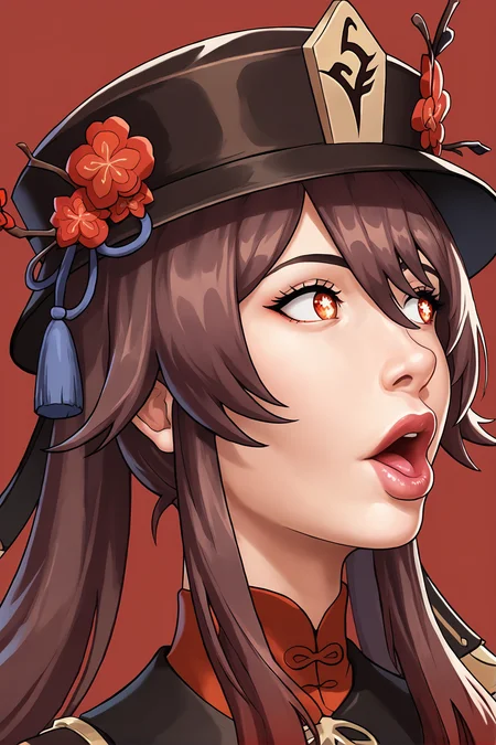 score_9,
<lora:pog_v1_lite>, pog, open mouth, lips, looking to the side,
hu tao \(genshin impact\), hat,
dark red background,
high resolution, Masterpiece, detailed