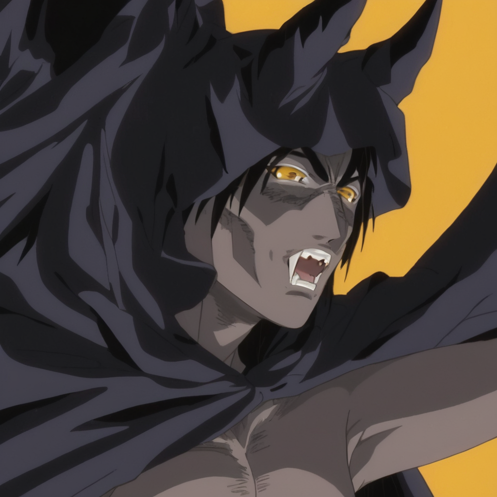 anime artwork of  <lora:Demon:0.9>
Demon a full body side view profile view shot of a demonic creature rising his arm up with creepy lower groin demonic mouth-like organ body, solo,open mouth,black hair,1boy,animal ears,yellow eyes,male focus,teeth,tongue,hood,tongue out,fingernails,saliva,sharp teeth,cloak,hood up,long fingernails,sharp fingernails,hooded cloak,ribs,black cloak,werewolf,eroge,anime,manga,nsfw,cartoon,Adult animation,explicit,Original video animation,Baiburu Burakku style,Bible Black style,solo , male devil, creature, evil, demonic, villain, glowing eyes, muscular, golden yellow eyes, bat-like wings, dragon wings, dark, curved fang, eroge,anime,manga,nsfw,cartoon,Adult animation,explicit,Original video animation, Baiburu Burakku style, Bible Black style, anime style, key visual, vibrant, studio anime,  highly detailed