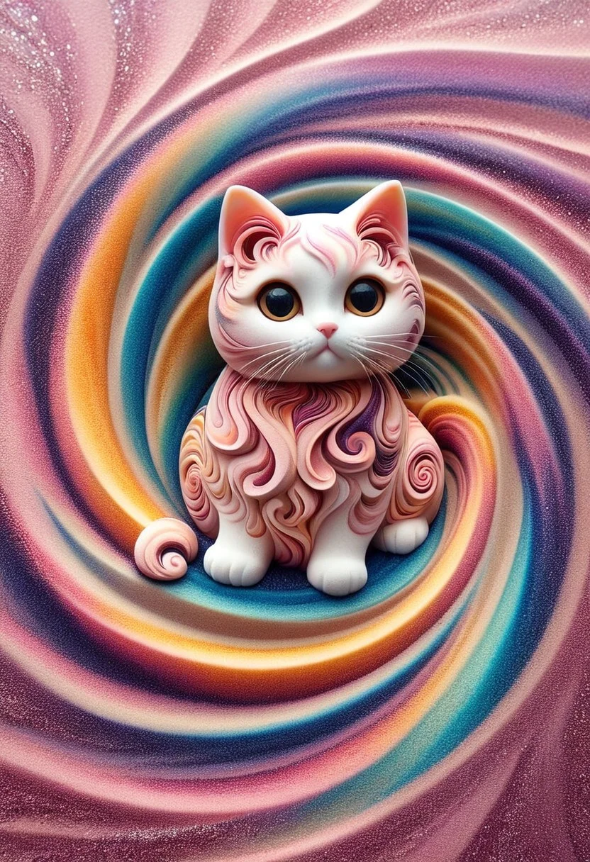 A cute chibi cat with big eyes on in a swirl garden, kaleidoscopic illusions. sandswirl, swirling sand, fluffy