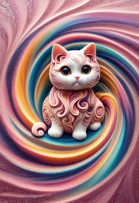 A cute chibi cat with big eyes on in a swirl garden, kaleidoscopic illusions. sandswirl, swirling sand, fluffy