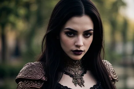 masterpiece, best quality, (colorful), cinematic lighting,  realistic, battlefield besides the dark waters of a misty fjord, beautiful valkiria, wavy dark hair, plate armor, ornate carapace, long sword, wooden shield, 
dynamic pose, extremely detailed, beautiful detailed face, medium breasts, braless, no bra, cleavage, nipslip, at dusk, slanted sunrays, pale skin, detailed skin, dark makeup, black mascara, black lipstick, EyeDetail, perfect detailed eyes, long eyelashes, black eyeliner, kawaii makeup , subsurface scattering, remarkable color, ultra realistic, textured skin, remarkable detailed pupils, realistic dull skin noise, visible skin detail, skin fuzz, dry skin, bokeh, sharp focus on subject,