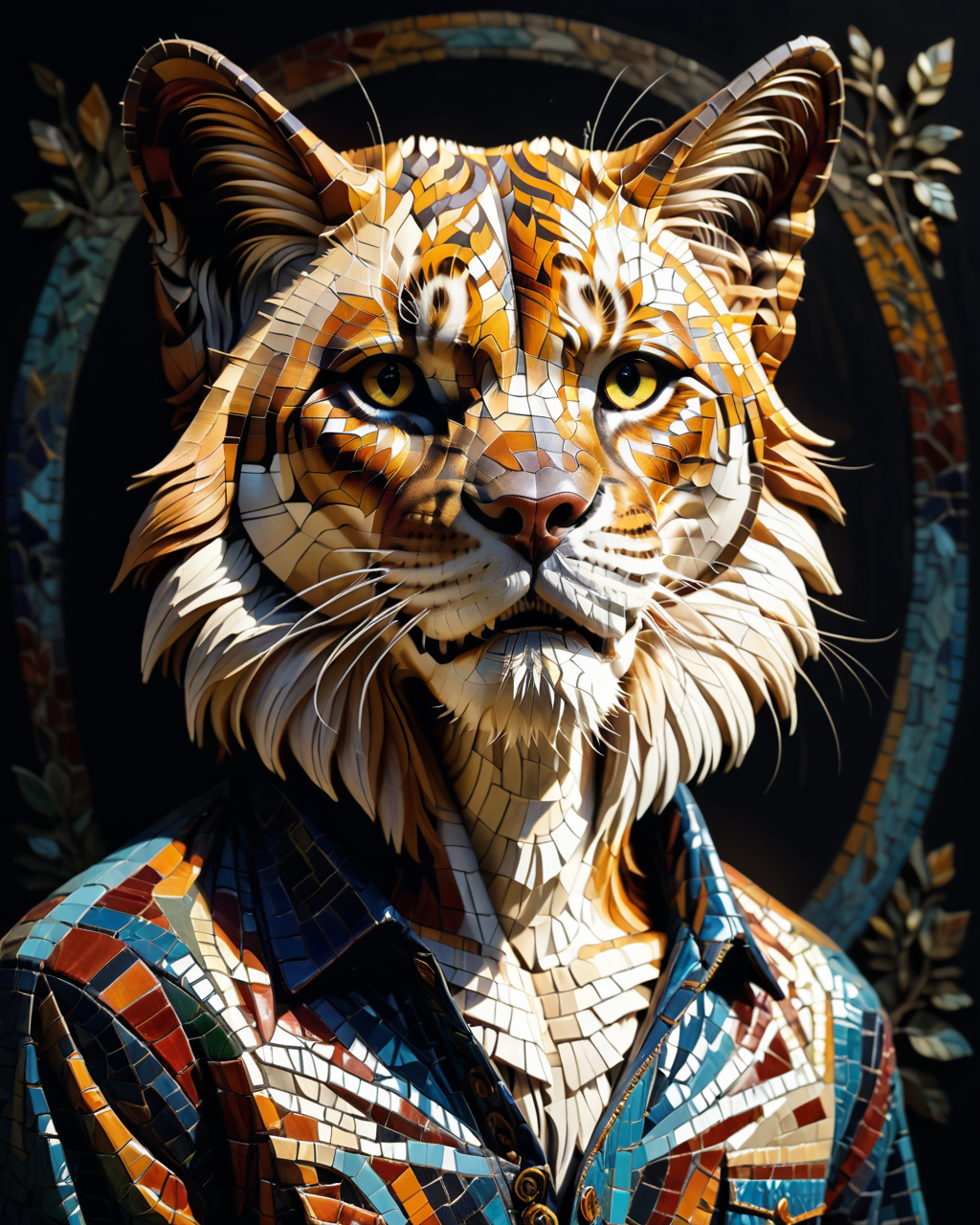 score_9, score_8_up, score_7_up, intricate details, rating_safe,
 <lora:MosaicStyle:1>,
1boy(Mosaic, made from colored stone pieces, 
anthro furry, sabretooth cat, 
full body, looking at the viewer, solo, smiling), black background, 
<lora:ral-chrosc-clr:0.3>, ral-chrosc-clr,
<lora:xl_more_art-full_v1:0.3>,
<lora:add-detail-xl:0.3>