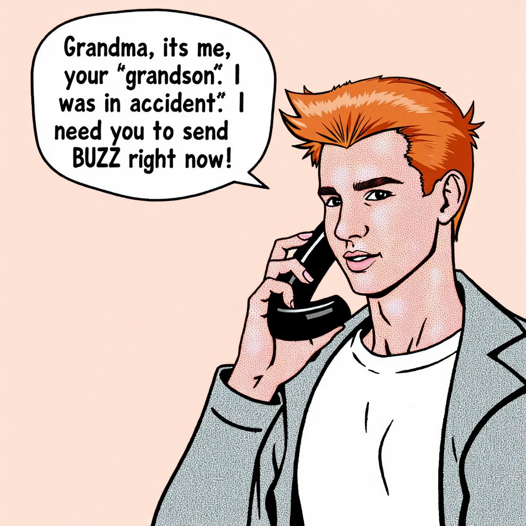 young man on the phone with a speech bubble that reads:"Grandma, its me, your "grandson". I was in an accident. I need you to send BUZZ right now!".young man on the phone with a speech bubble that reads:"Grandma, its me, your "grandson". I was in an accident. I need you to send BUZZ right now!".<lora:Flux\Retro_glitch_flux Retro, GLITCH.safetensors:1.0:1.0> <lora:Flux\EDM Festival Stage flux_lora 3dm_f35t1v47.safetensors:1.0:1.0>