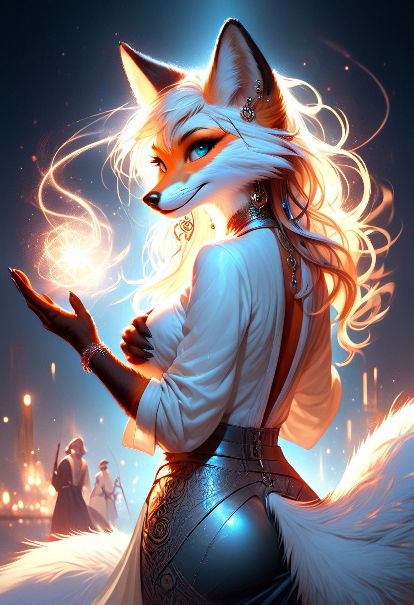 score_9, score_8_up, score_7_up, score_6_up, score_5_up, score_4_up, leHDR,UHD,8K, darkness, illustration, disheveled hair Expressiveh, anthro fox female,foxfolk, white fur, busty, peach ass, covering breasts,covering with hands,intricate details, earrings, darkness, very detailed, intricate, perfect light, sharp focus, cool colors, ambient, elegant, highly decorated, deep aesthetic, colorful, magic, mystical, scenic, warm bright, vibrant, unique, best, winning, thought, romantic,  illuminated,rich, symetry,realistic,  low light, looking back at viewer,OverallDetail,novuschroma60 style bokeh