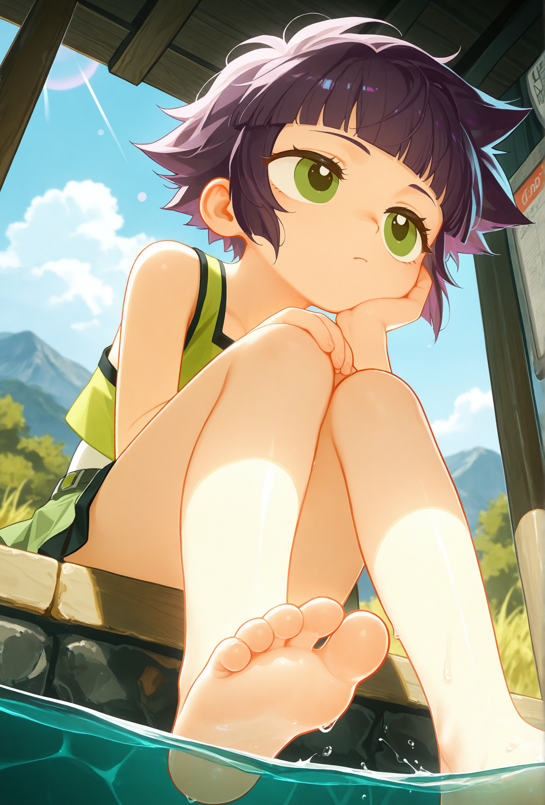 masterpiece,best quality,amazing quality, <lora:antifreez3_style_illustrious_v1f:1> afz3style, 1girl, solo, powered buttercup, matsubara kaoru, powerpuff girls z, purple hair, green eyes, looking away, bored, BREAK
tank top, green skirt, barefoot, feet, soles, foot focus, low angle, foot close-up, water, bokeh, depth of field, blue sky, bus stop, soaking feet, wet feet, sitting on ledge, caustics, sunbeam, shade, mountain, elbows on knees, head rest