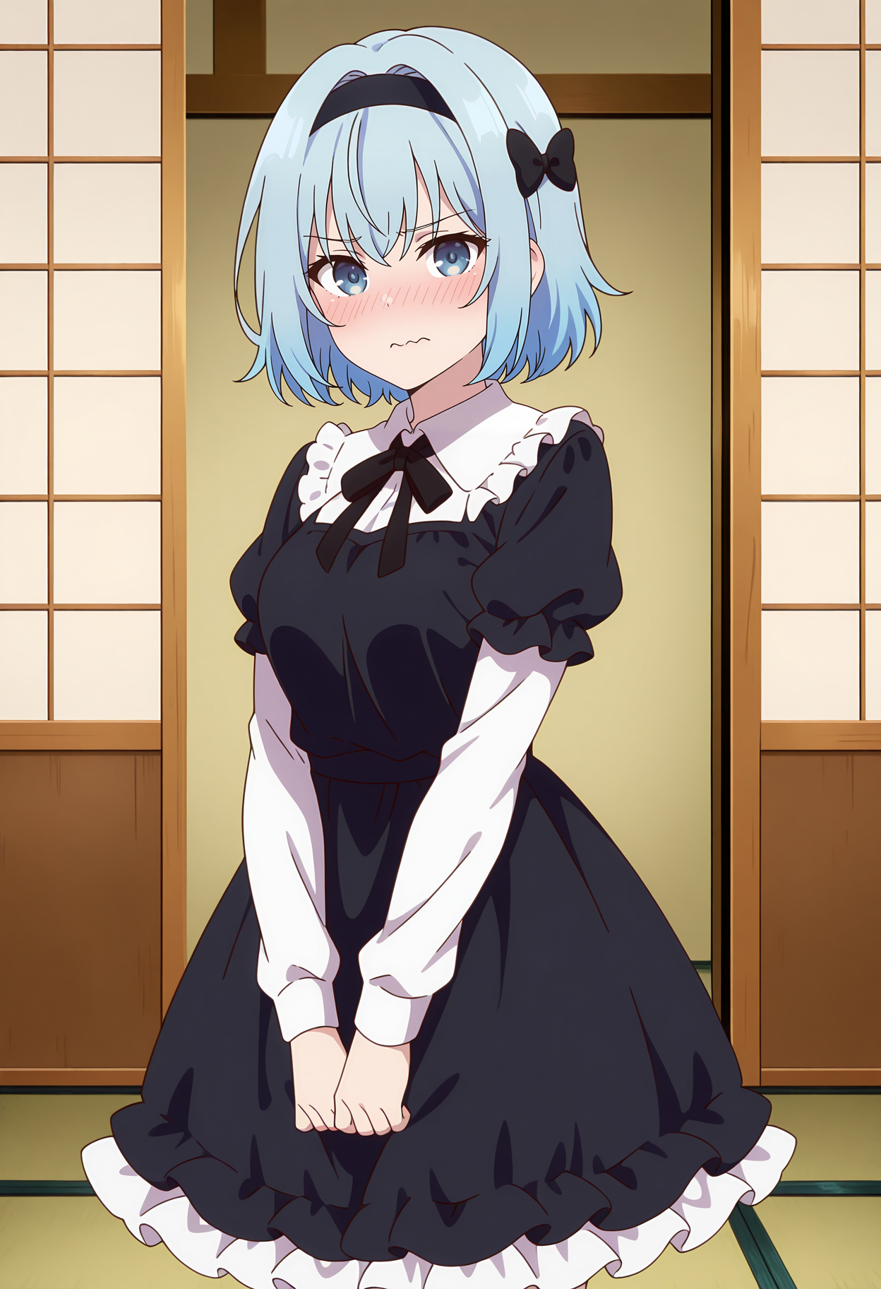 anime screencap, masterpiece, best quality,
<lora:RyuuouNoOshigoto!_SoraGinko_IlluXL:0.9>,
1girl, solo, wavy mouth, closed mouth, nose blush,
short hair, light blue hair, blue eyes, black hairband, hair bow, black bow,
GinkoMaid, neck ribbon, black ribbon, frilled dress, black dress, puffy short sleeves, short over long sleeves,
aged up,
standing, looking at viewer, cowboy shot,
indoors, shouji, tatami