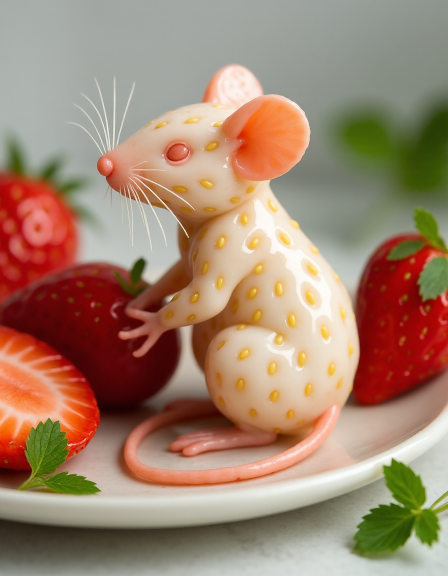 A small mouse sculpted entirely from pale strawberry flesh, its velvety skin textured with soft bumps and scattered yellow-white seeds. The creature sits curled on a ceramic plate beside sliced strawberries and mint leaves, blending into the delicate tones of the countertop. A torn strawberry blossom clings to its tail like an ornament. <lora:FruitCore-StrawberryShift-0.3-000004:1>