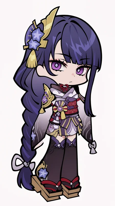 score_9, score_8_up, score_7_up,anime_source, source_anime, best background, detailed background, anime screencap,simple background, white background, zzzemoji, 1girl, chibi, long hair, braid, japanese clothes, solo, sash, purple eyes, purple hair, obi, single braid, bangs, simple background, looking at viewer, hair ornament, sidelocks, thighhighs, white background, shoulder armor, full body, wide sleeves, standing, kimono, blunt bangs, mole under eye, low ponytail, mole, long sleeves <lora:ZZZ_Emoji_style_PONY:1>