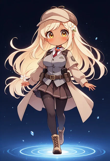 1girl, chibi, cute, full body, Tanned, happy, long wide hair, very long hair, blonde hair, hair glitter, GlitterStyle, hrglw, glow, neon, flowy hair, long hair, hair ornament, hair flower, low tied hair, swept bangs, ankle length hair, large round eyes, round eyes, golden eyes, smooth face, golden freckles, round face, very cute face, heavy freckles, large breasts, slim figure, round breasts, blush,
1girl, glow shoes, walking boots, sneakers, deerstalker, brown headwear,red tie,grey vest,black pantyhose, pleated skirt, brown coat,open coat, tacfit, bulletproof vest, holster, belt, belt pouches, brown pleated skirt, thighhighs, choker, diamond shaped blue gem on choker,
full body, floating, floating in the air, lying on air,
Masterpiece, best quality, amazing quality, very aesthetic, high resolution, ultra-detailed, absurdres, HDR, cinematic lighting