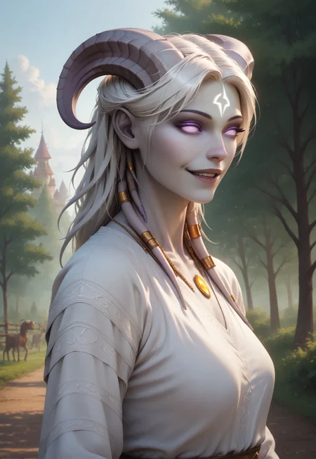 (absurdres, best quality, masterpiece:1.4), score_9, score_8_up, score_7_up, score_6_up, detailed, detailed body, detailed face, 

(culDraenei, female, purple eyes, no sclera, no pupils, athletic, tall, slim, pale skin, grey skin, long ears),

(long white dress), 

soft smile, upper body, side view, looking to viewer, 

hilly background, lakeside, trees, hedges, path