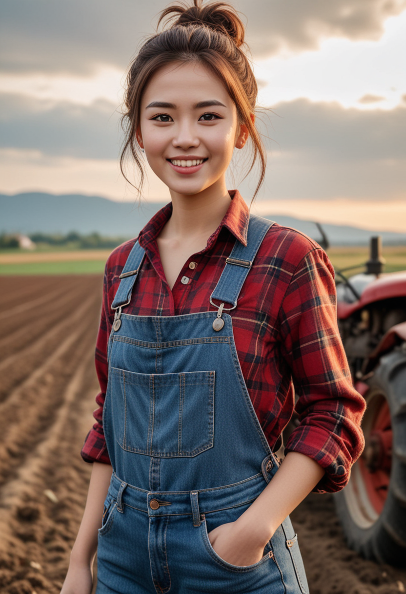 (medium full shot) of (charming farmer) young woman, korean, light skin, hazel eyes, busty build, short brown messy bun hair,  wearing a plaid shirt, jeans, leather shoes, overalls, set in  Field, Plowed Land, freshly turned earth with neat furrows, the earthy smell of soil, a farmer's tractor parked nearby, the sound of birds chirping, at sunset, woman smiling, Masterpiece,best quality, photo, realistic, very aesthetic, detailed face,