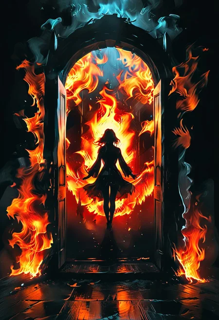<lora:flame silhouette:1>, <lora:flame:1>, flame,
burning door,
graphic style of novel comics, perfect hands, 2d,
8k, hyperrealism, masterpiece, high resolution, best quality, ultra-detailed, super realistic, Hyperrealistic art, high-quality, ultra high res, highest detailed, lot of details, Extremely high-resolution details, incredibly lifelike, colourful, soft cinematic light,