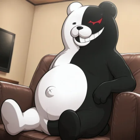 masterpiece, best quality, amazing quality, monokuma, male, furry male, anthro, solo, bear, white fur, black fur, two-tone fur, round ears, black eye, red eye, black nose, teeth, belly button, bear tail, sitting down, on couch, indoors, living room