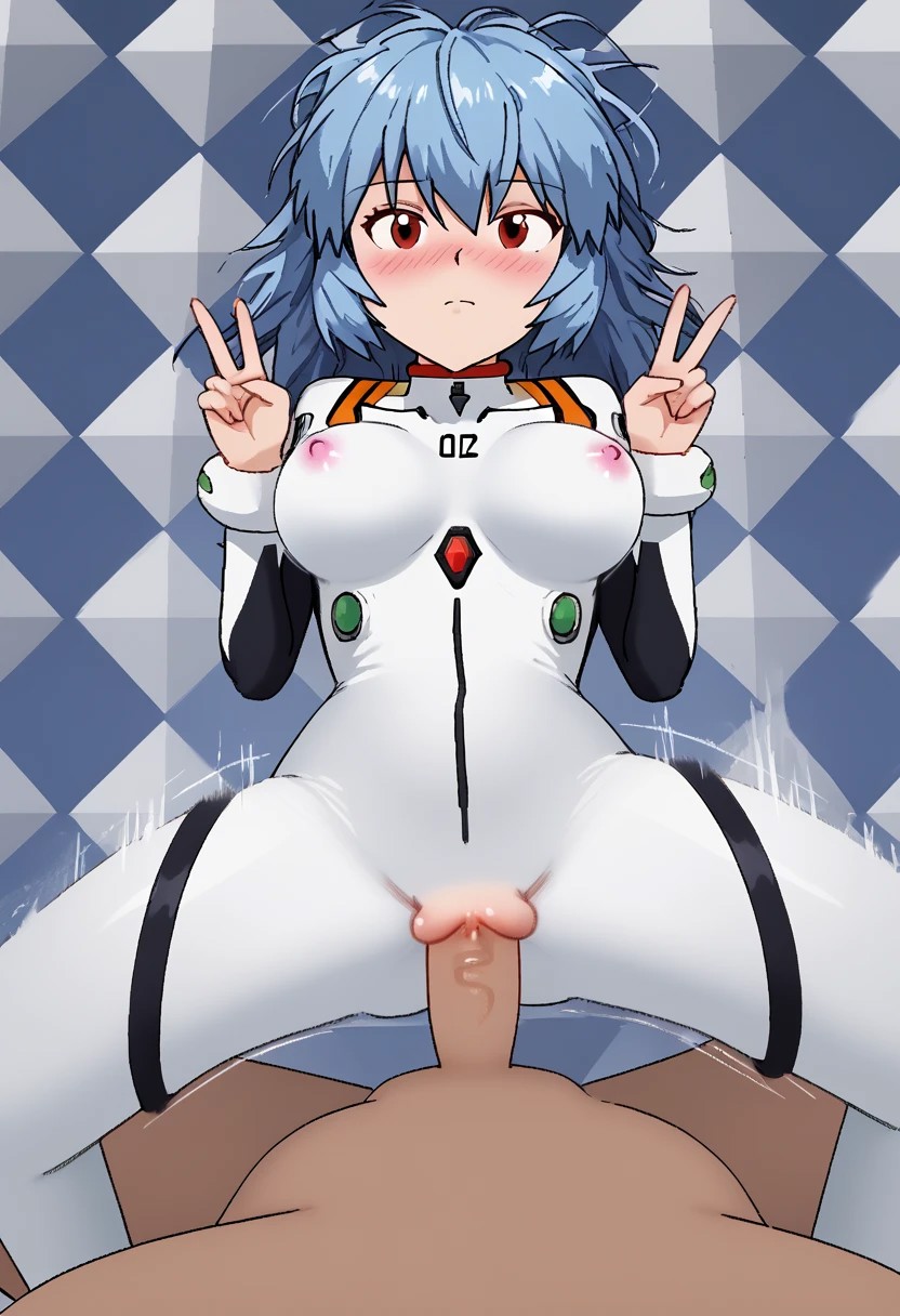 score_4,score_5,score_6,score_7_up,score_8_up,score_9 ((masterpiece,best quality,ultra detailed,highres,HD,4k:1.2)), 
PPPPU,Colorful background,
1 girl,1boy,hetero,pov,solo forcus,girl forcus, 
(large breast,giant breast:1.2),ayanami_rei,rei ayanami, blue hair, ((long hair, Messy Hair:1.2)),red eyes, bodysuit, headgear, plugsuit, neon_genesis_evangelion, white bodysuit, 
((Peace sign, two hands holding peace sign:1.1)),
perfect penis,perfect nipples,perfect pussy, nsfw,Expressive,sex,straddling,Missionary position, missionary sex, Insert penis into pussy,
Expressionless, blushing, closed mouth, jitome,
((motion blur, motion lines:1.2))